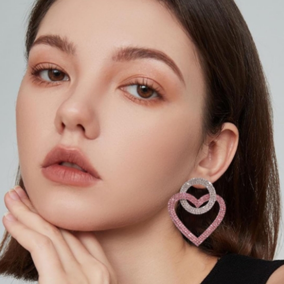 Pink Rhinestone Heart Double Link Post Earrings CZ Crystal Pave Statement New - Picture 5 of 7